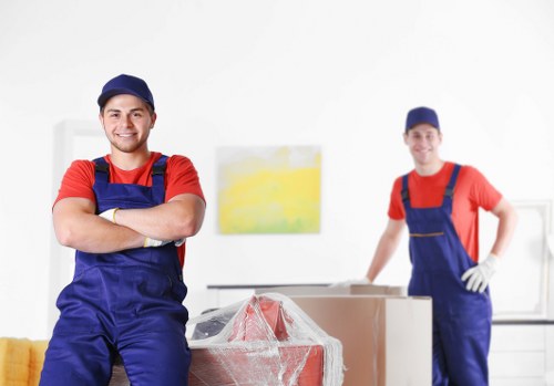 Professional removals team handling moving boxes in Burroughs